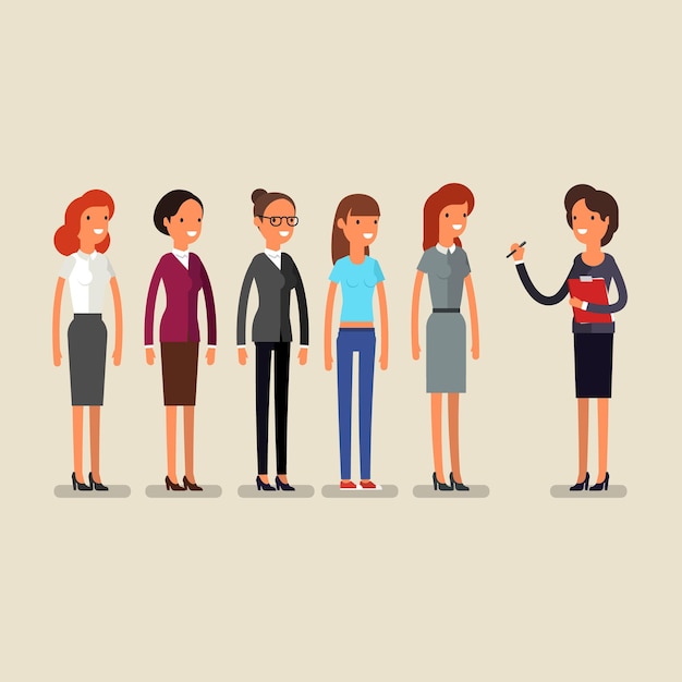 Business woman choosing person for hiring. Job and staff, human and recruitment, select people, resource and recruit. Flat illustration