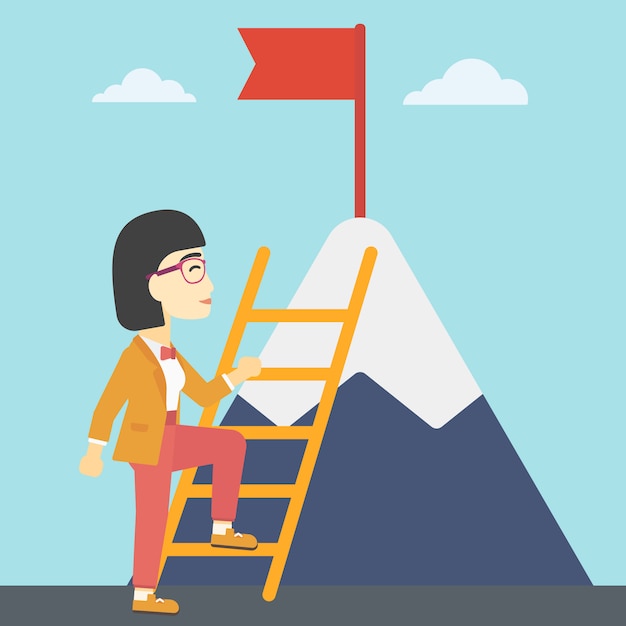 Business woman climbing on mountain.