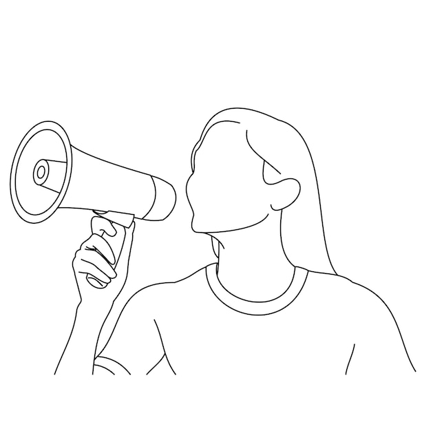 A business woman dressed in uniform holding big loudspeaker megaphone yelling loudly and screaming