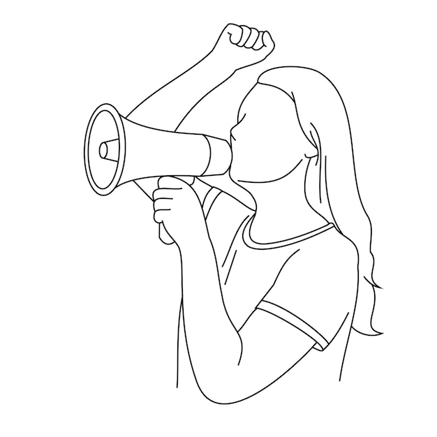 A business woman dressed in uniform holding big loudspeaker megaphone yelling loudly and screaming