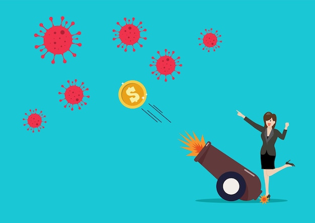 Business woman fighting with coronavirus by money shot from explosive cannon. Vector illustration. COVID-19 immunization concept.