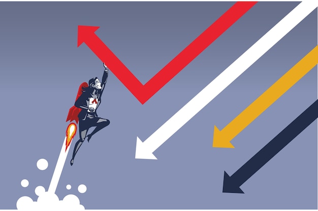 Business Woman Flying with Rocket Changing Direction of Falling Arrow. Illustration Concept of Single Business Person Capable of Changing Business Direction