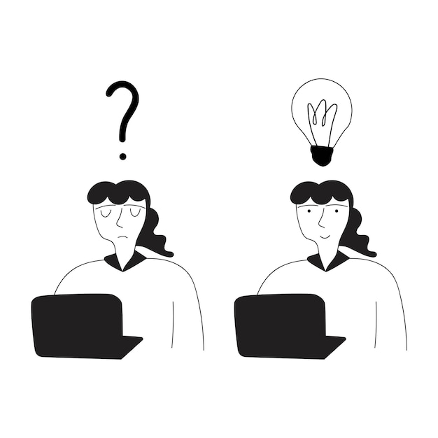 Business woman has question and new idea Outline illustration on white background