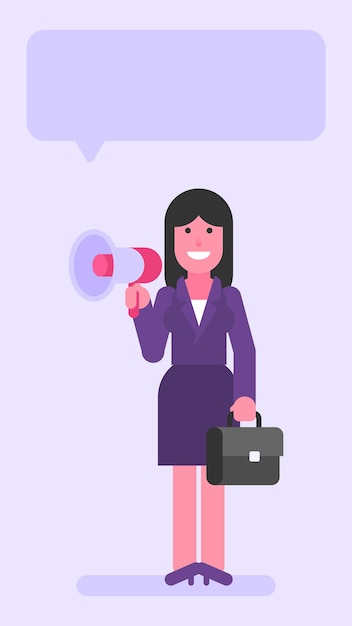 Business woman holding megaphone and suitcase