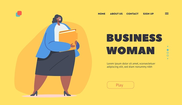 Business Woman Landing Page Template Corpulent African Woman Wear Formal Dress Confident Mature Female Character