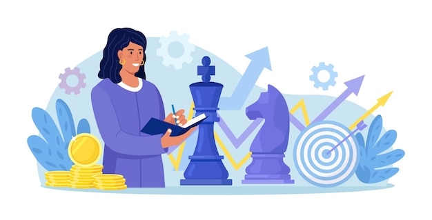 Business woman playing giant chess Leader planning business strategy thinking about tactics Brainstorm Competition and Leadership Person analyze success opportunity and make decision