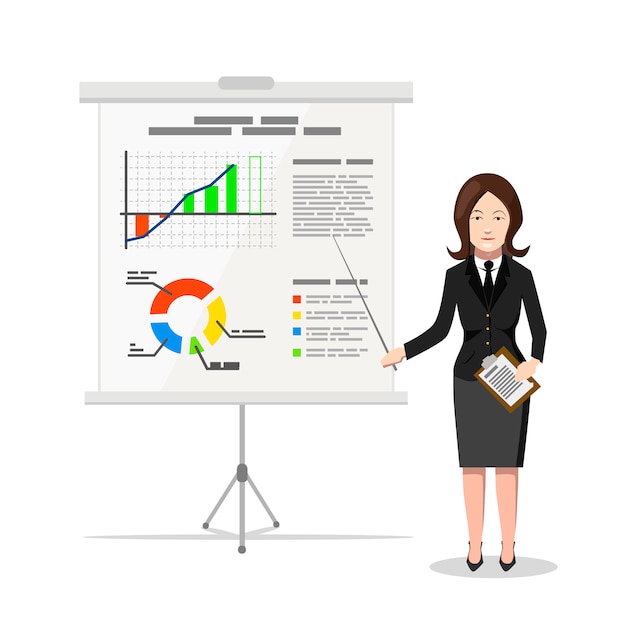 Business Woman pointing on the chart of finance analytics, flat illustration