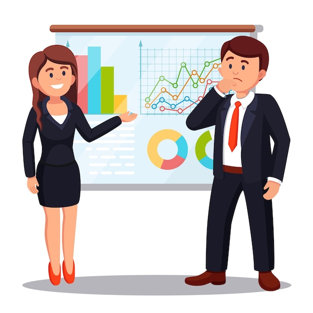 Business woman presenting marketing data on a presentation screen board explaining charts. Business seminar, training