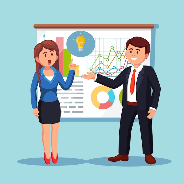 Business woman presenting marketing data on a presentation screen board explaining charts. Business seminar, training