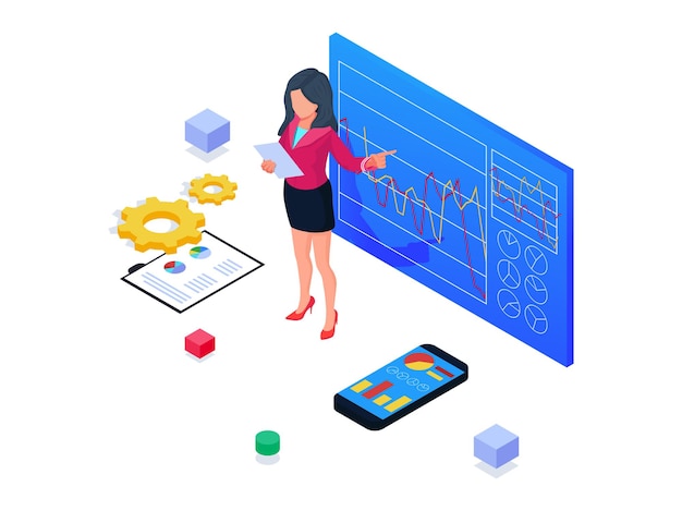 Business woman presenting progress chart. isometric business startup illustration.