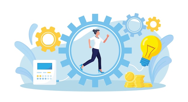 Business woman running in gear wheels generate creative business idea Employee inside cogwheel in hurry develop innovation or startup Leader reach goal power of motivation Hard work and success