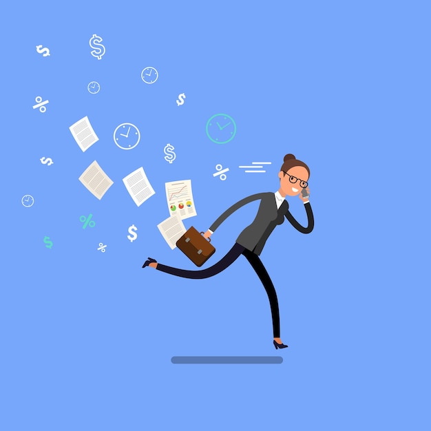 Business woman running and hurry up. Flat design, vector illustration