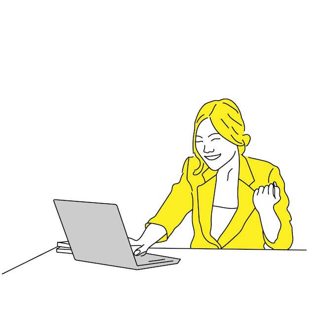 A business woman or secretary working on a laptop express her joy while looking at the laptop screen