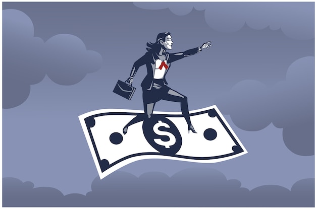 Business Woman Standing on Flying Dollar Bill High above the Sky Business Illustration Concept