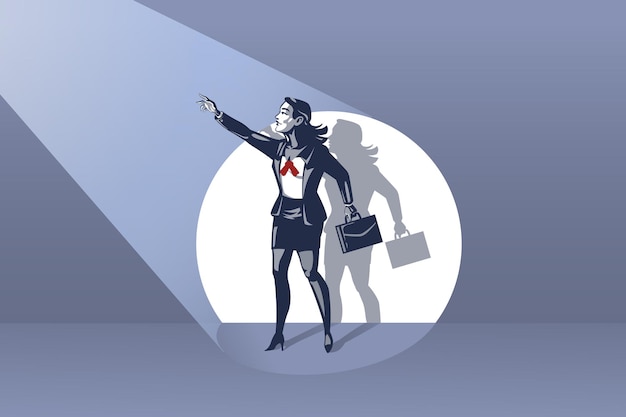 Business Woman Standing on Stage Waving Hand to the Spotlight Blue Collar Conceptual Illustration