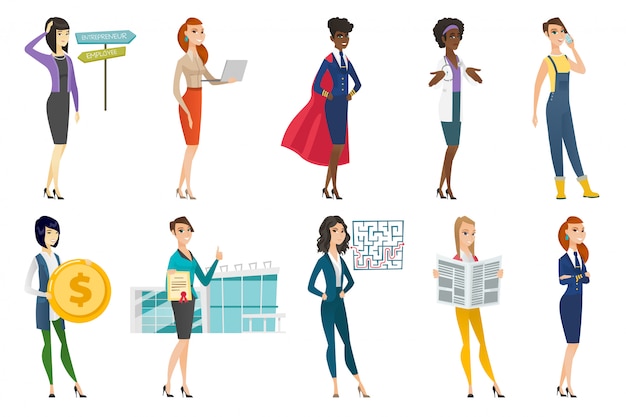 Vector business woman, stewardess, doctor profession set