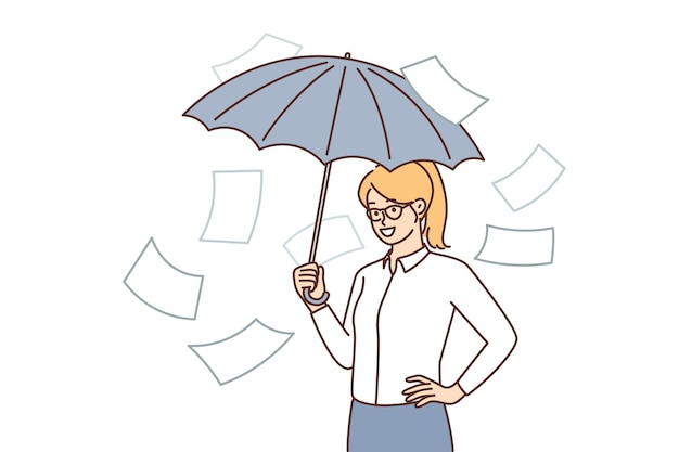 Business woman take refuge with umbrella from falling documents hiding from paperwork