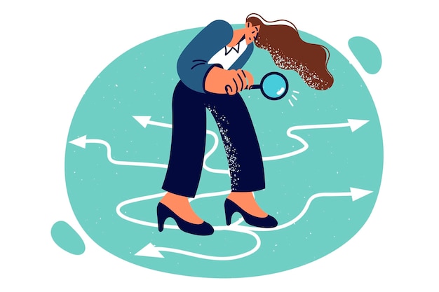 Business woman using magnifying glass standing near arrows symbolizing options for solving problem