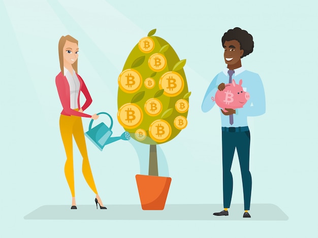 Business woman watering tree with bitcoin coins.