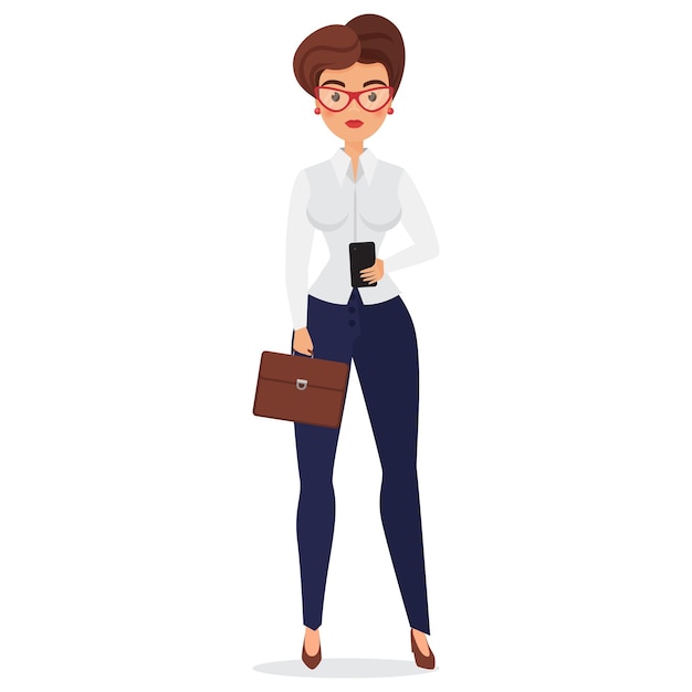 Vector business woman with suitcase and smartphone