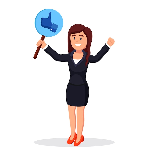 Business woman with thumbs up sign in hand. Social media. Good opinion. Testimonials, feedback, customer review concept