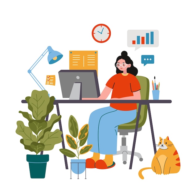 Business woman working on computer at the desk cute cozy home workplace cartoon style Online career self employed concept Trendy modern vector illustration flat design