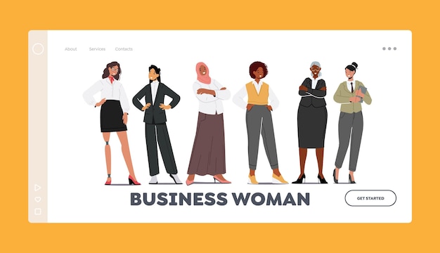 Business Women Landing Page Template Diverse Female Characters Stand in Row Confident Caucasian African Asian Arab