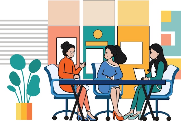 Business women meeting in conference room illustration in doodle style