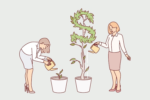 Business women watering plants getting different results in form of cash profit and dividends from investments Tree in form of dollar grows out of flower pot thanks to investments