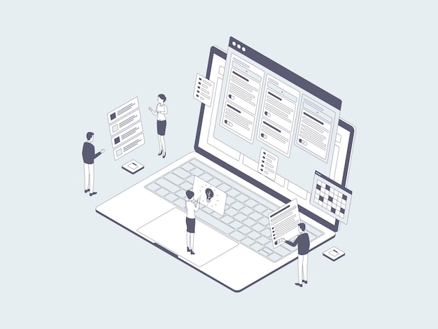 Business Workflow Isometric Illustration Lineal Grey. Suitable for Mobile App, Website, Banner, Diagrams, Infographics, and Other Graphic Assets.