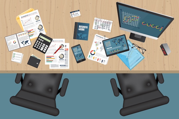 Business workspace top view illustration