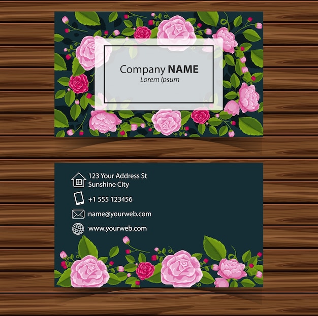 Vector businesscard template with pink roses on green background