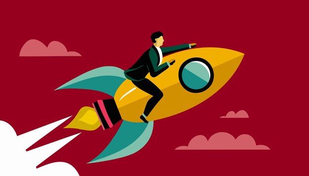 Vector businessman billy flying on a rocket jetpack up concept of business startup launching of a