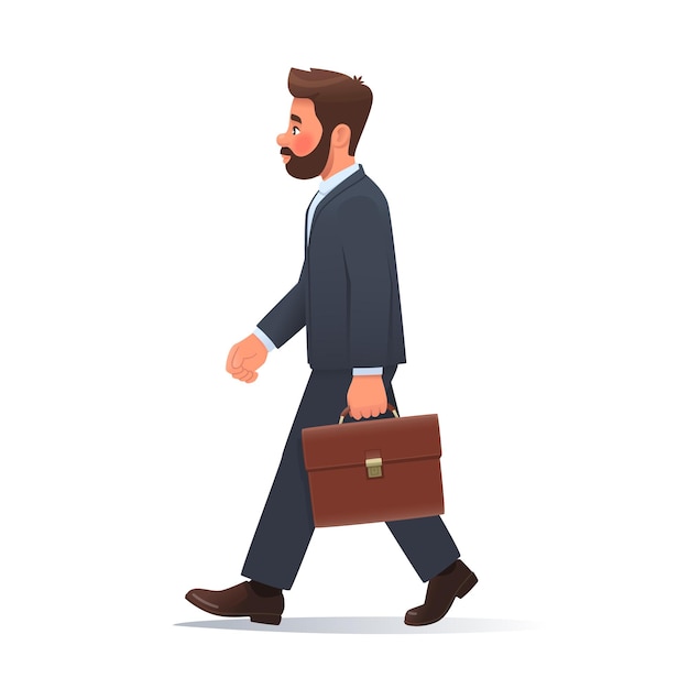 Businessman in a business suit and a briefcase in his hands goes to work on an isolated background