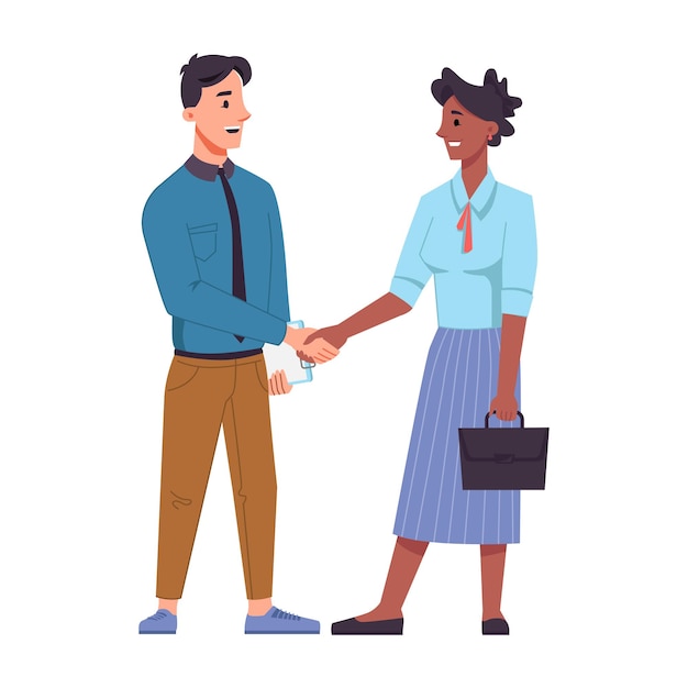 Businessman and business woman of different races shake hands isolated flat cartoon people vector handshake