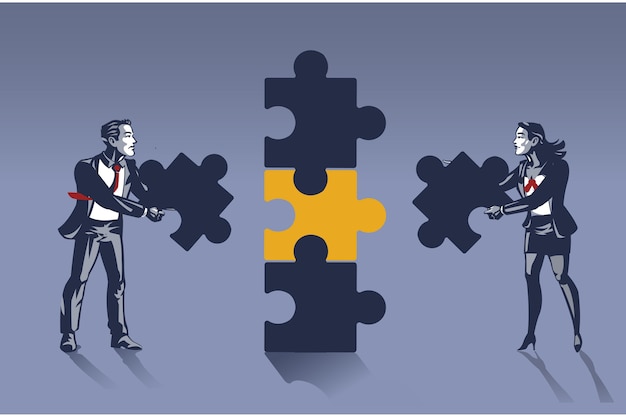 Businessman and Business Woman Work Together to Solve Huge Jigsaw Puzzle Blue Collar Illustration