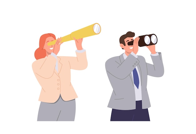 Vector businessman and businesswoman cartoon characters looking forward through binocular spyglass