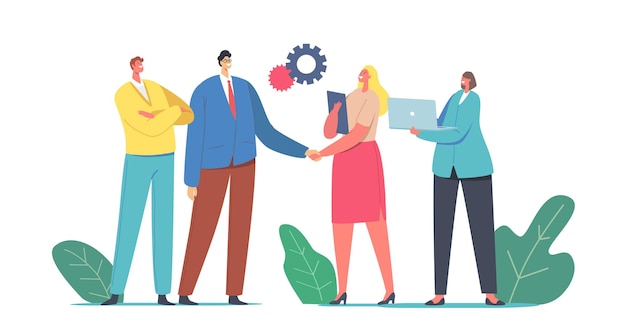 Businessman and Businesswoman Characters Shaking Hands Selling Products and Services due Business-to-Business Sales, B2b Method, Wholesale or Transaction Concept