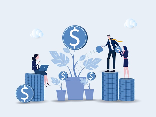 Businessman and businesswoman investors working for profit dividend or revenue flat vector illustration Cartoon employees investing capital Investment money and finance concept