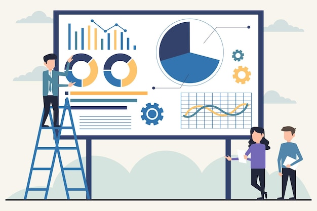 Businessman and businesswoman standing on ladder near whiteboard with infographics Teamwork concept