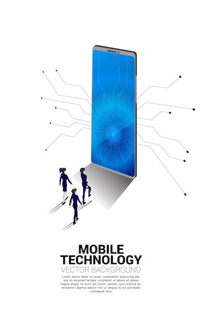 Businessman and businesswoman walking to big mobile phone Business Concept of mobile technology with business