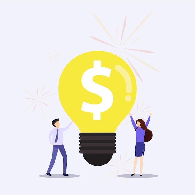 Businessman and businesswoman with a light bulb and a stack of coins.Man and woman holding glowing electric light bulb.Vector, illustration.