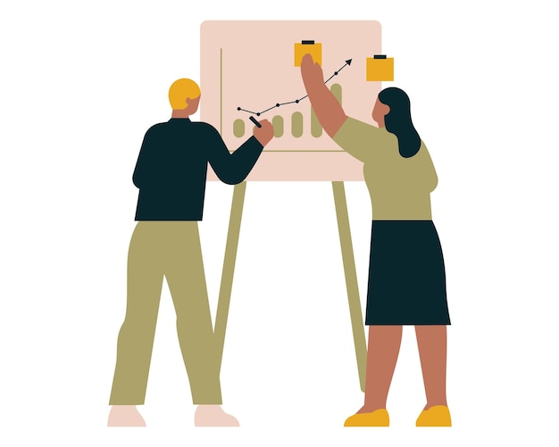 Businessman and businesswoman working on whiteboard vector illustration graphic design