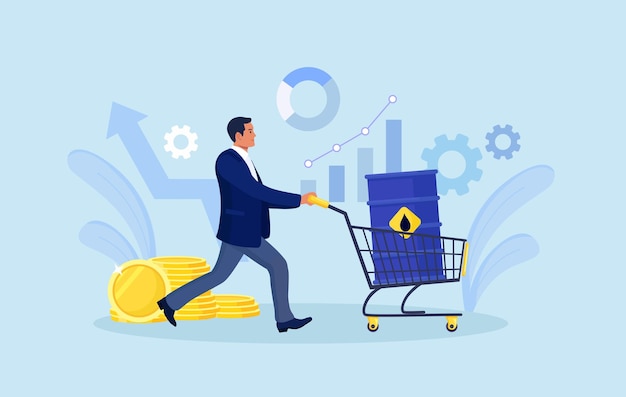 Businessman buying crude oil gallon Man with barrel in shopping cart trolley Crude oil investment Investor buy oil stock of fuel power company to make profit Global stock market speculation