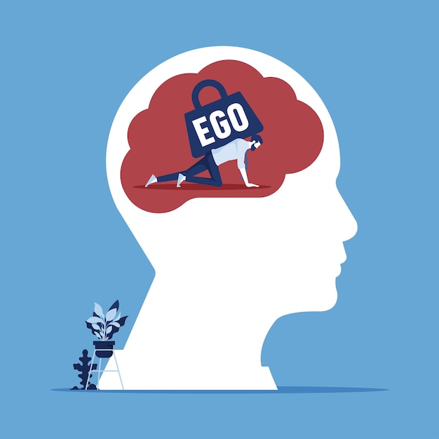 Businessman can barely crawl with a heavy load called ego on his back the concept of the ego