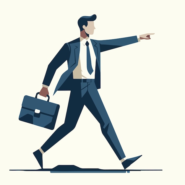 a businessman carrying a bag and pointing full body in a simple and minimalist flat design style