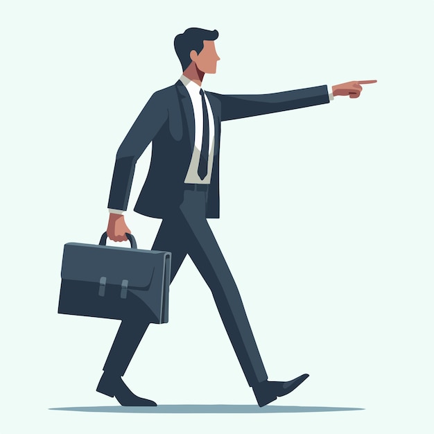 a businessman carrying a bag and pointing full body in a simple and minimalist flat design style