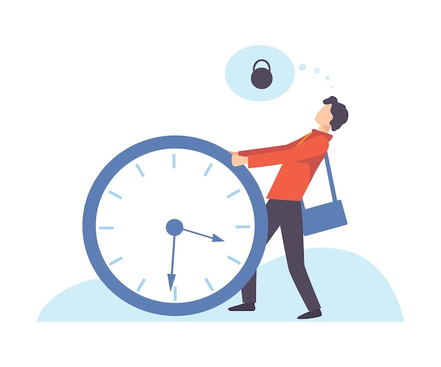 Vector businessman carrying heavy big lock organization and control of working time time management