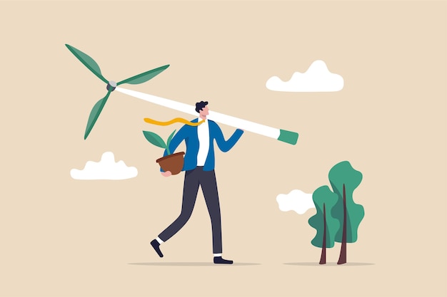 businessman carrying wind turbine and plant seedling