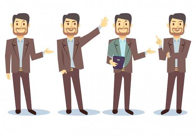 Businessman cartoon character in different poses for business presentation set